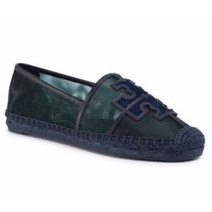NIB Tory Burch Ines Espadrille Mesh Calf Leather Silk Suede Malachite Navy
